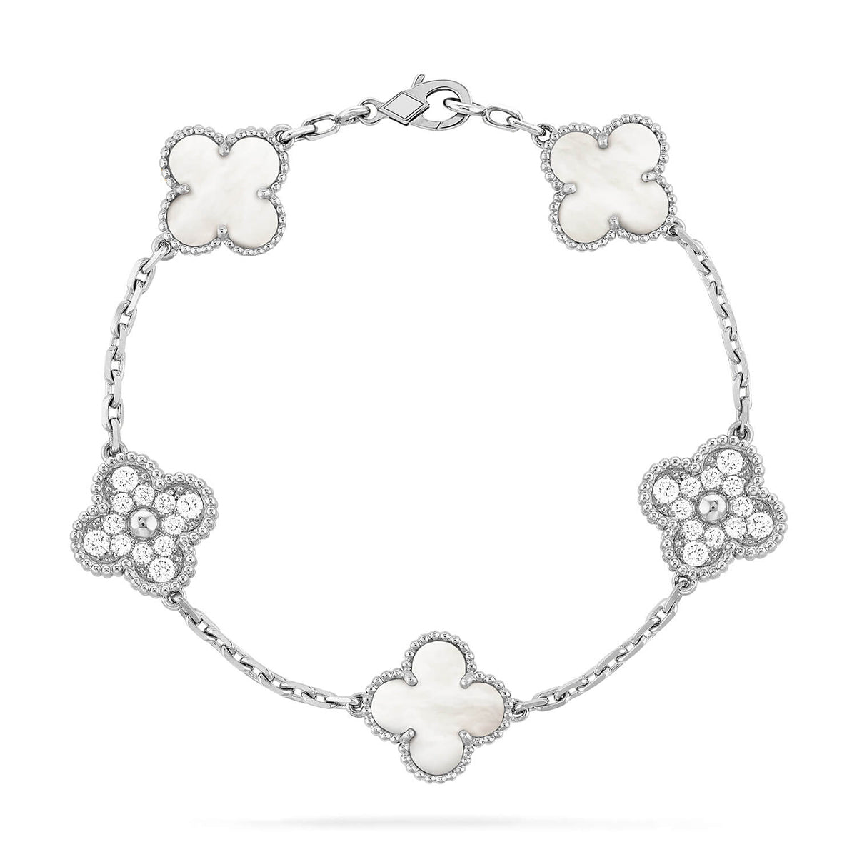 VCA CLOVER WHITE PEARL MOP 5 MOTIF BRACELET COLLECTION