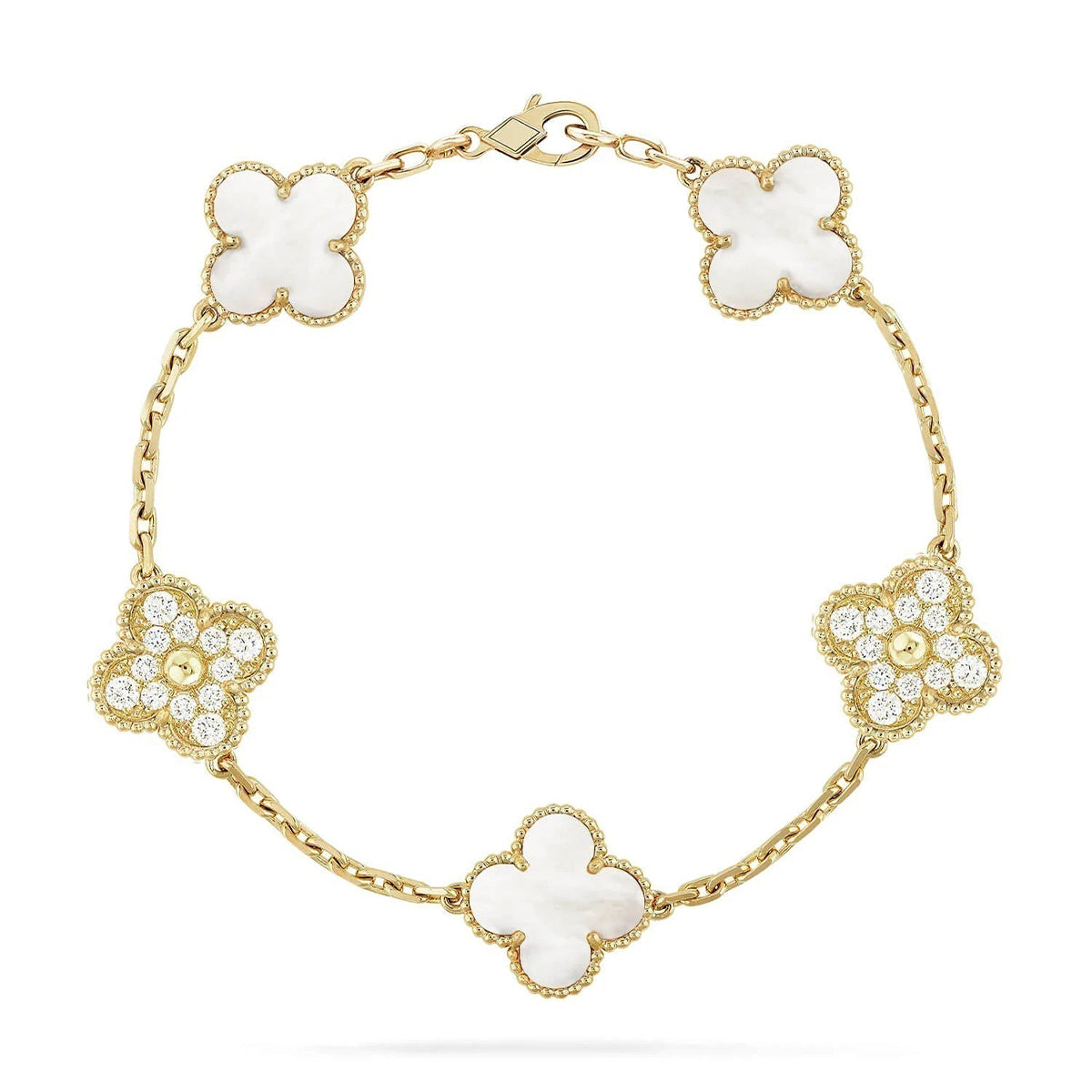 VCA CLOVER WHITE PEARL MOP 5 MOTIF BRACELET COLLECTION