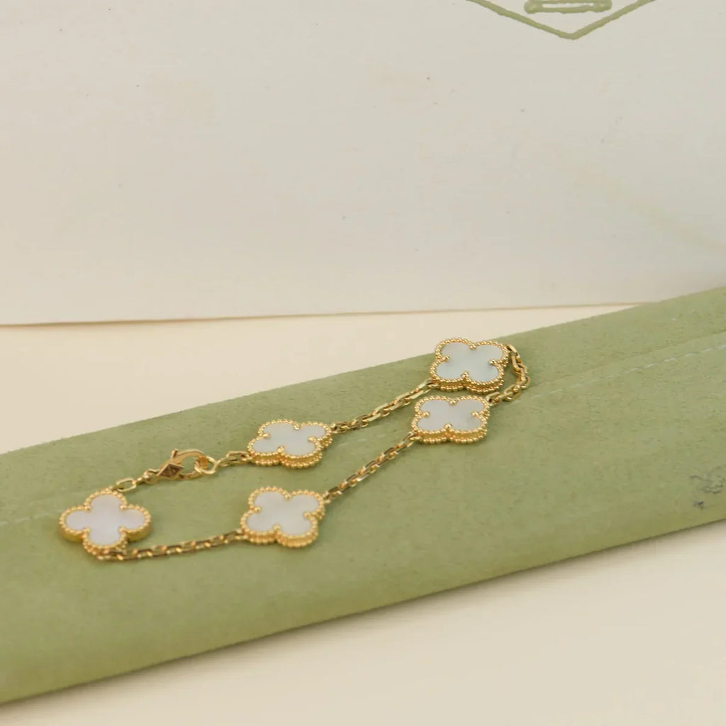 VCA CLOVER WHITE PEARL MOP 5 MOTIF BRACELET COLLECTION