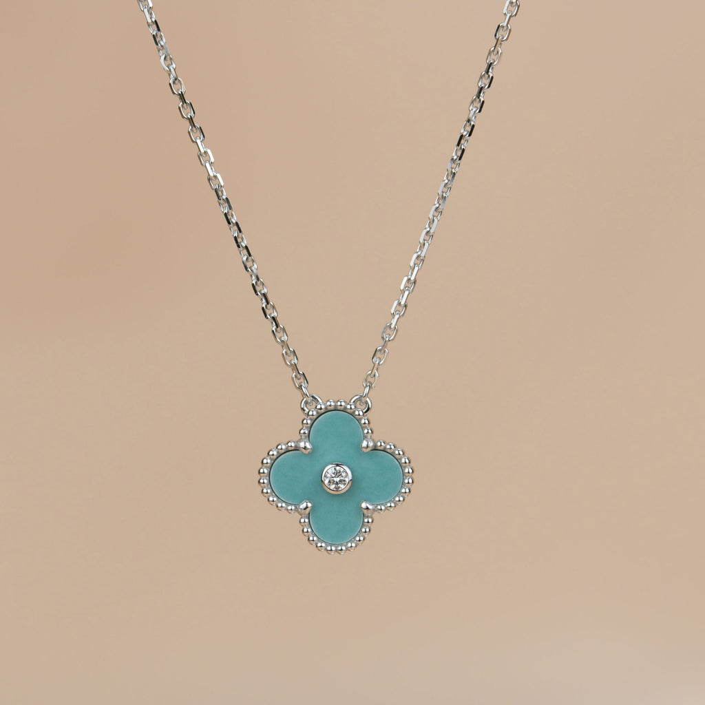 VCA CLOVER 15MM DIAMOND SVRES PORCELAIN NECKLACE SILVER