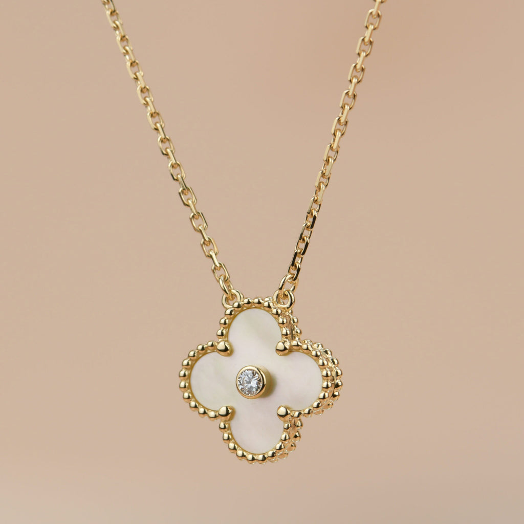 VCA CLOVER 15MM DIAMOND GOLD MOTHER OF PEARL NECKLACE