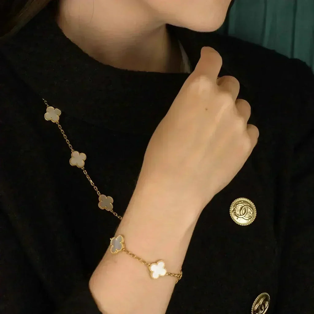 VCA CLOVER WHITE PEARL MOP 5 MOTIF BRACELET COLLECTION