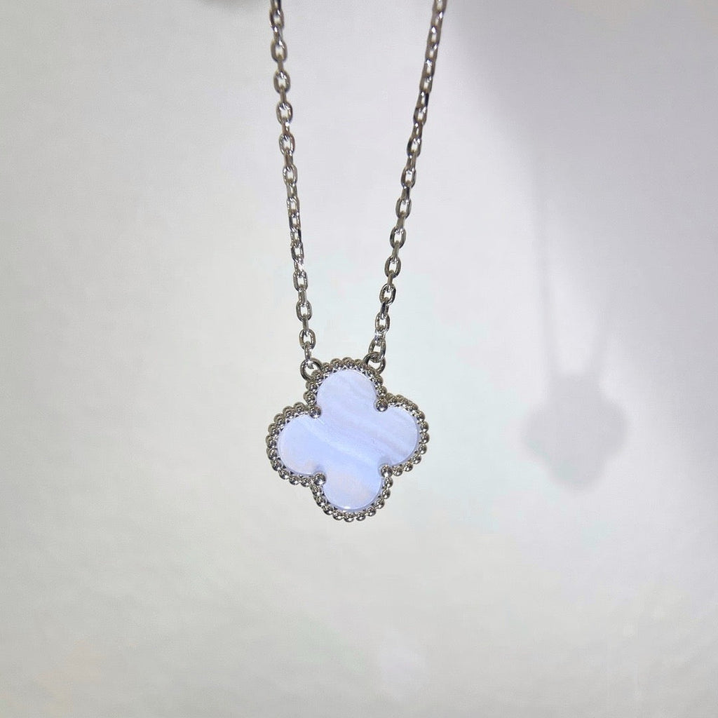 VCA CLOVER 15MM BLUE CHALCEDONY NECKLACE SILVER