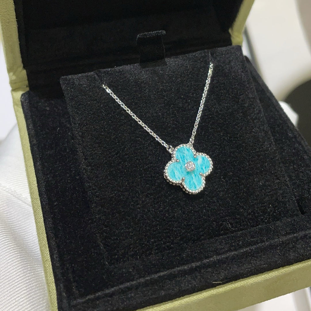 VCA CLOVER 15MM DIAMOND SVRES PORCELAIN NECKLACE SILVER