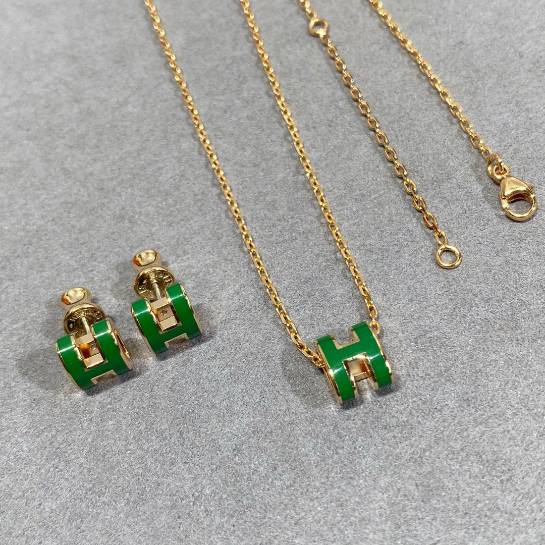 HERMES POP H GREEN NECKLACE SILVER AND GOLD