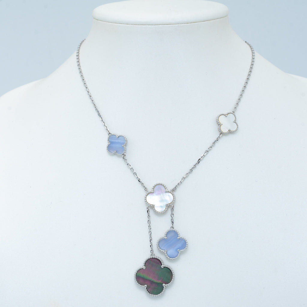 VCA CLOVER MOP CHALCEDONY NECKLACE SILVER 6 MOTIF