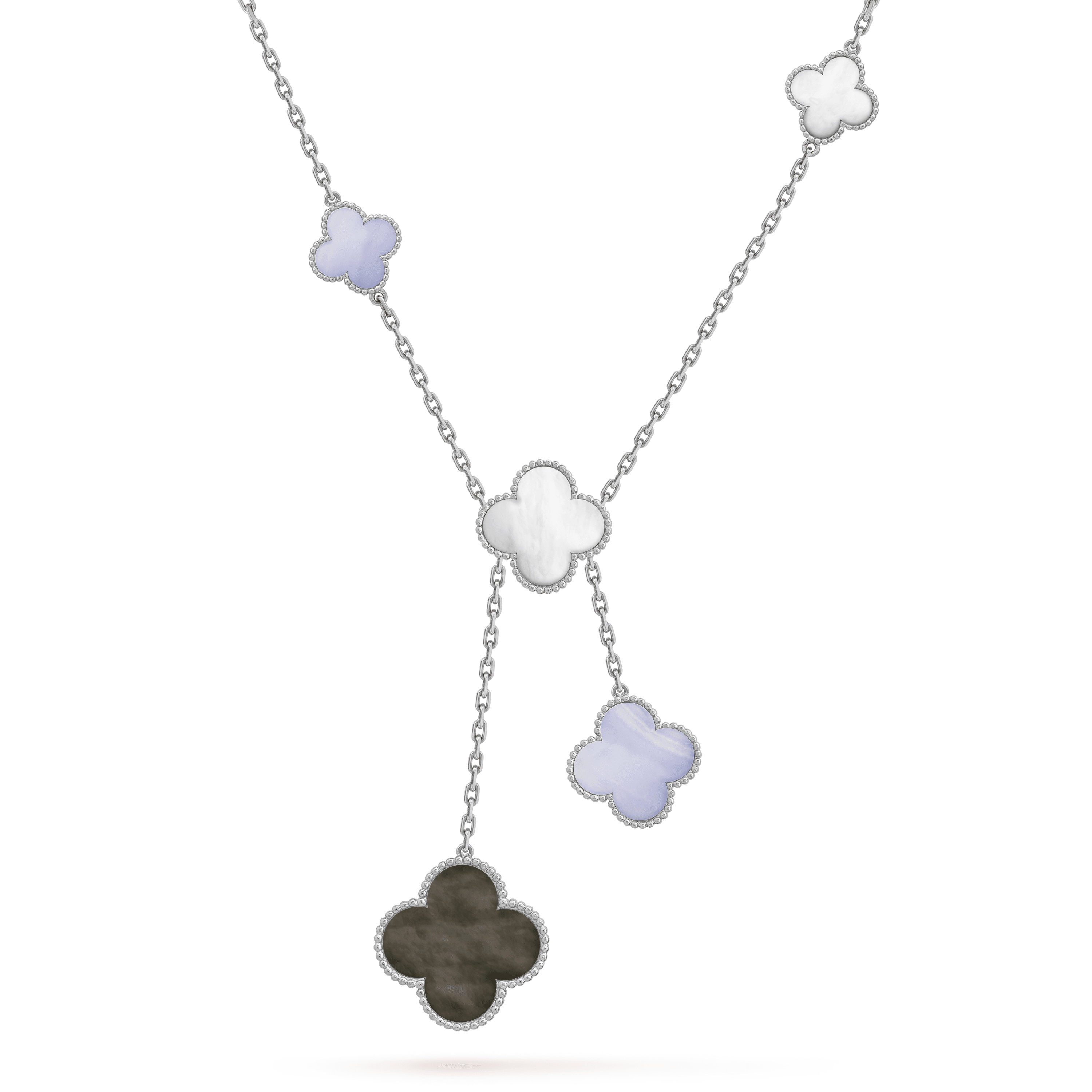 VCA CLOVER MOP CHALCEDONY NECKLACE SILVER 6 MOTIF