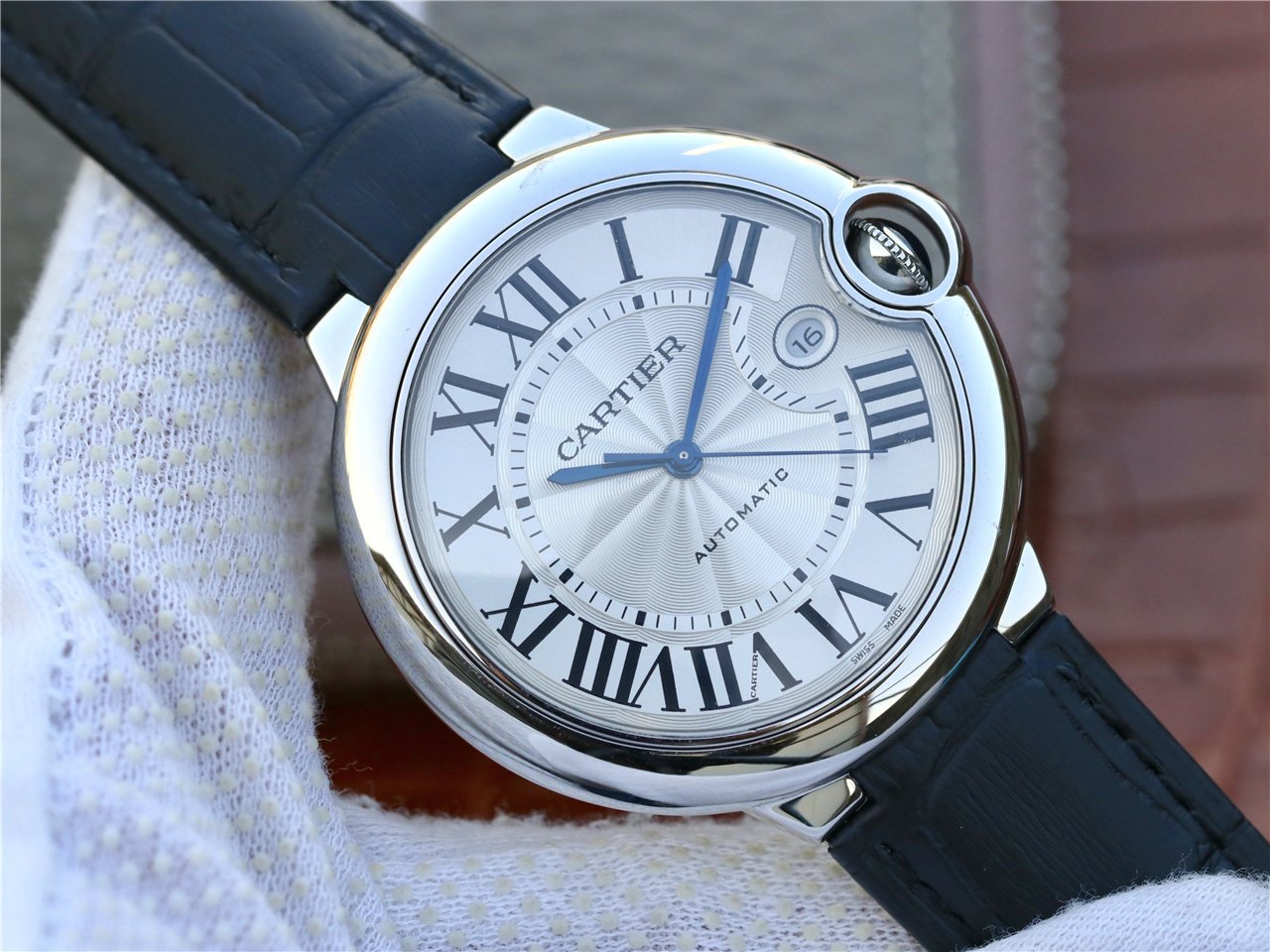 CARTIER BALLON BLEU DATE 42 SILVER DIAL BLACK BRACELET