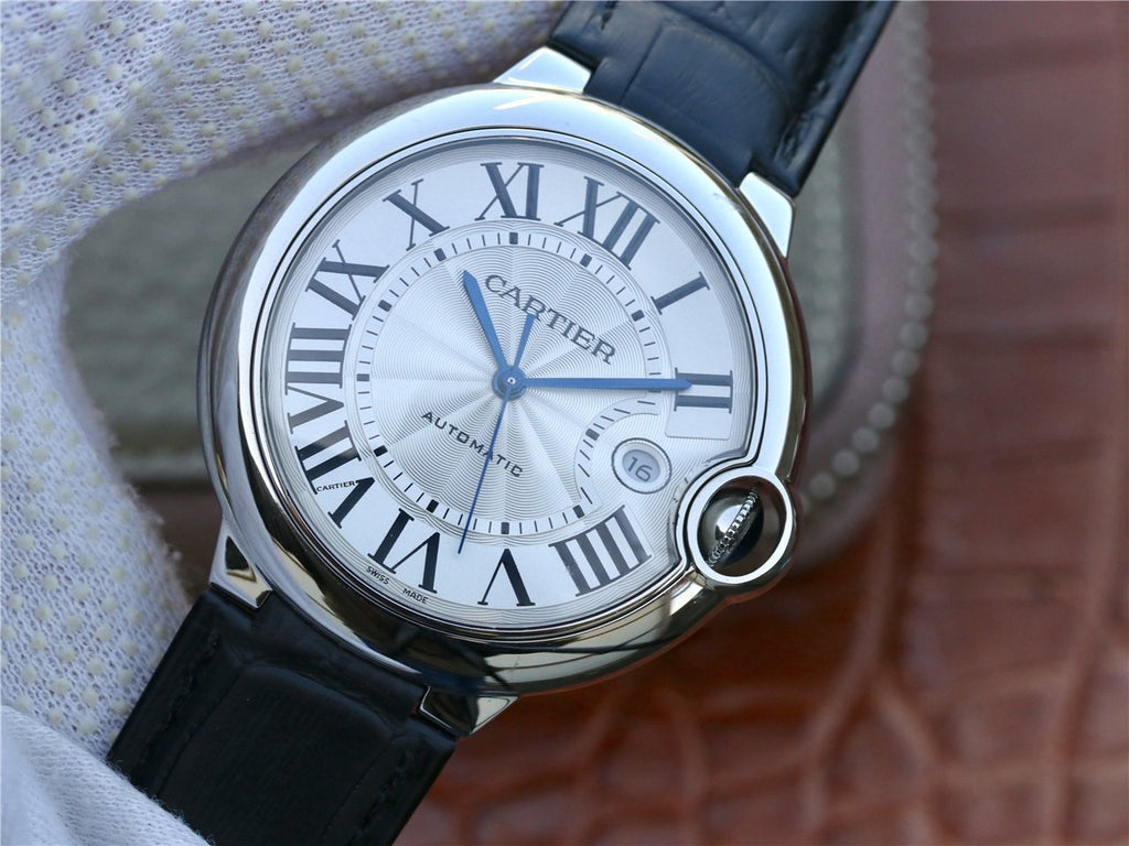 CARTIER BALLON BLEU DATE 42 SILVER DIAL BLACK BRACELET