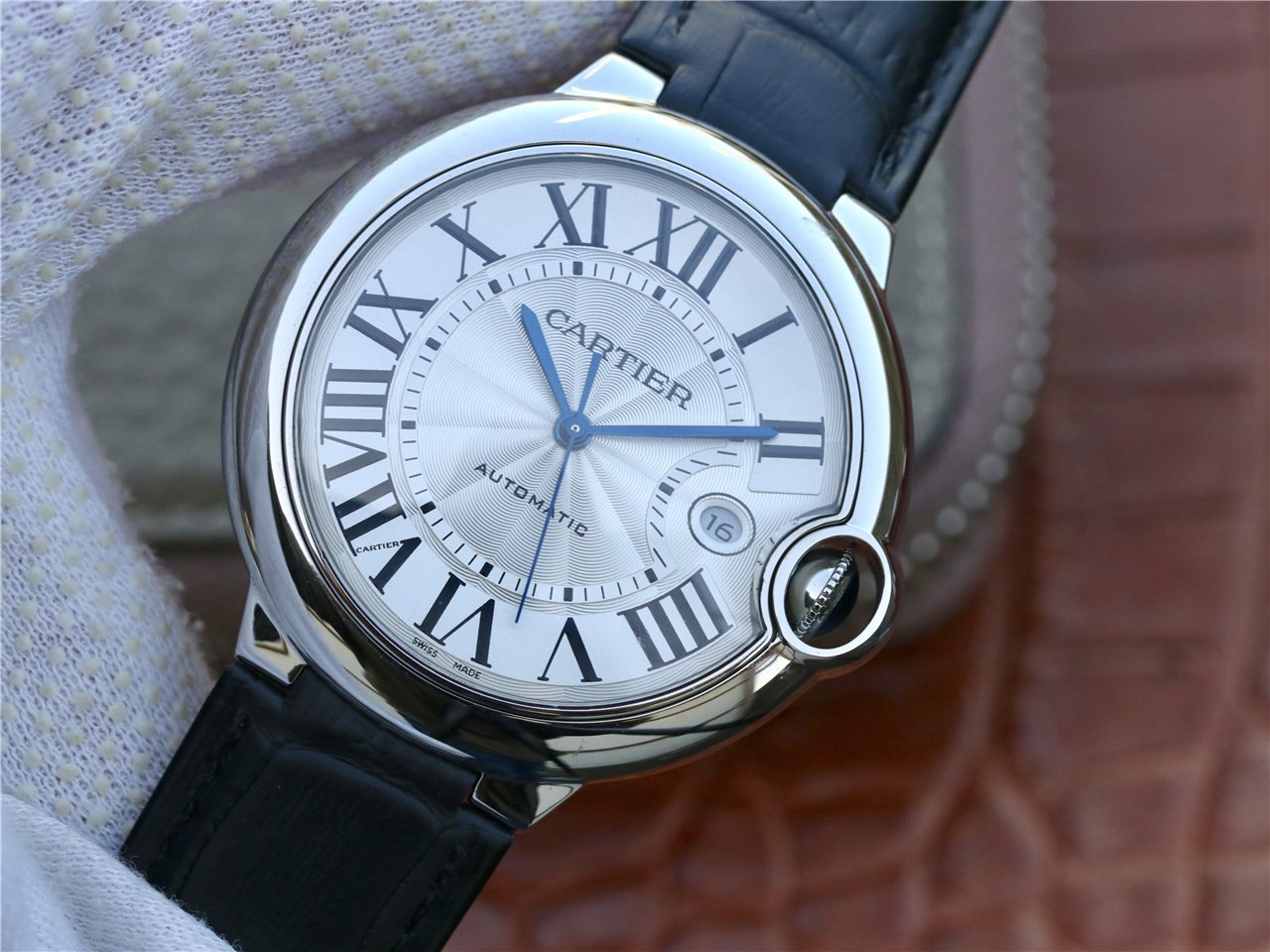 CARTIER BALLON BLEU DATE 42 SILVER DIAL BLACK BRACELET