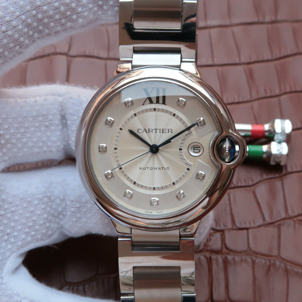 CARTIER BALLON BLEU DATE 42 SILVER DIAL DIAMOND NUMERALS