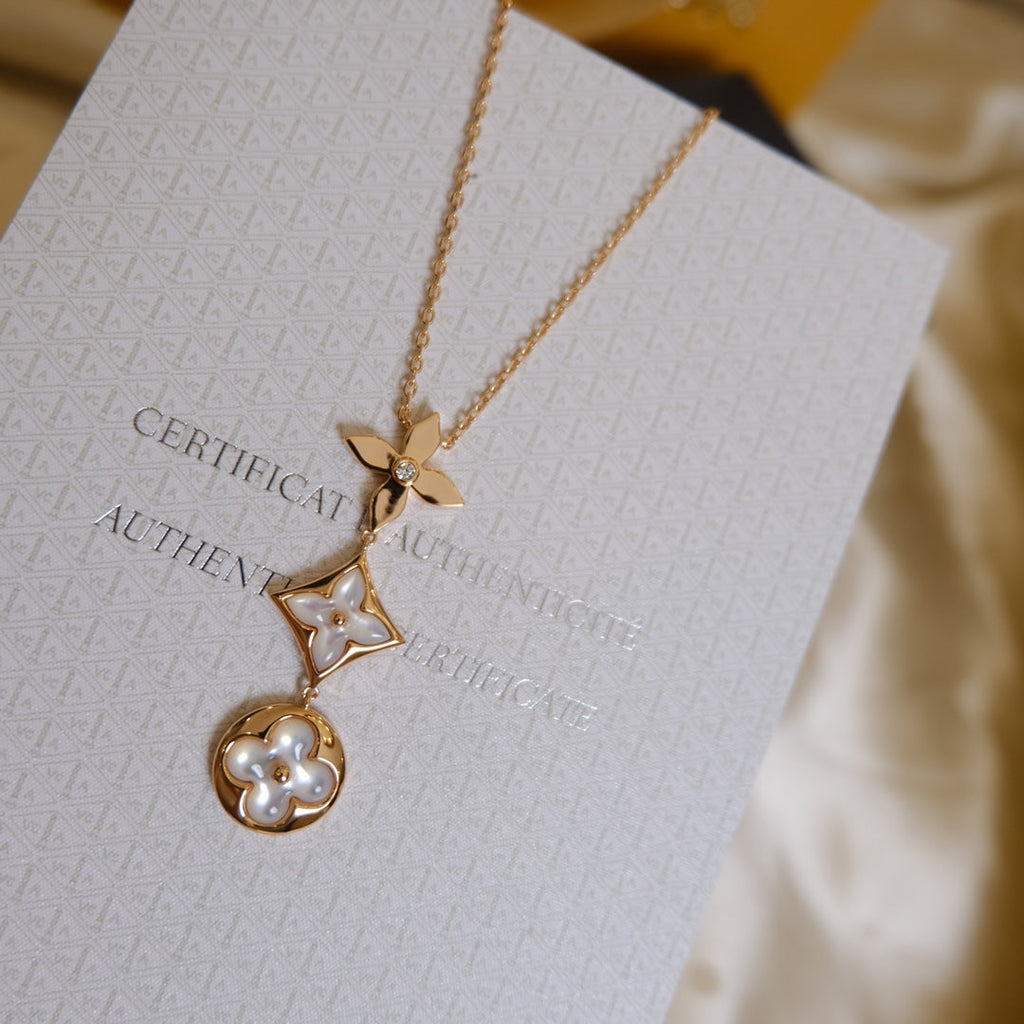 LOUIS VUITTON COLOR BLOSSOM LARIAT NECKLACE PINK GOLD WHITE MOTHER PEARL AND DIAMOND