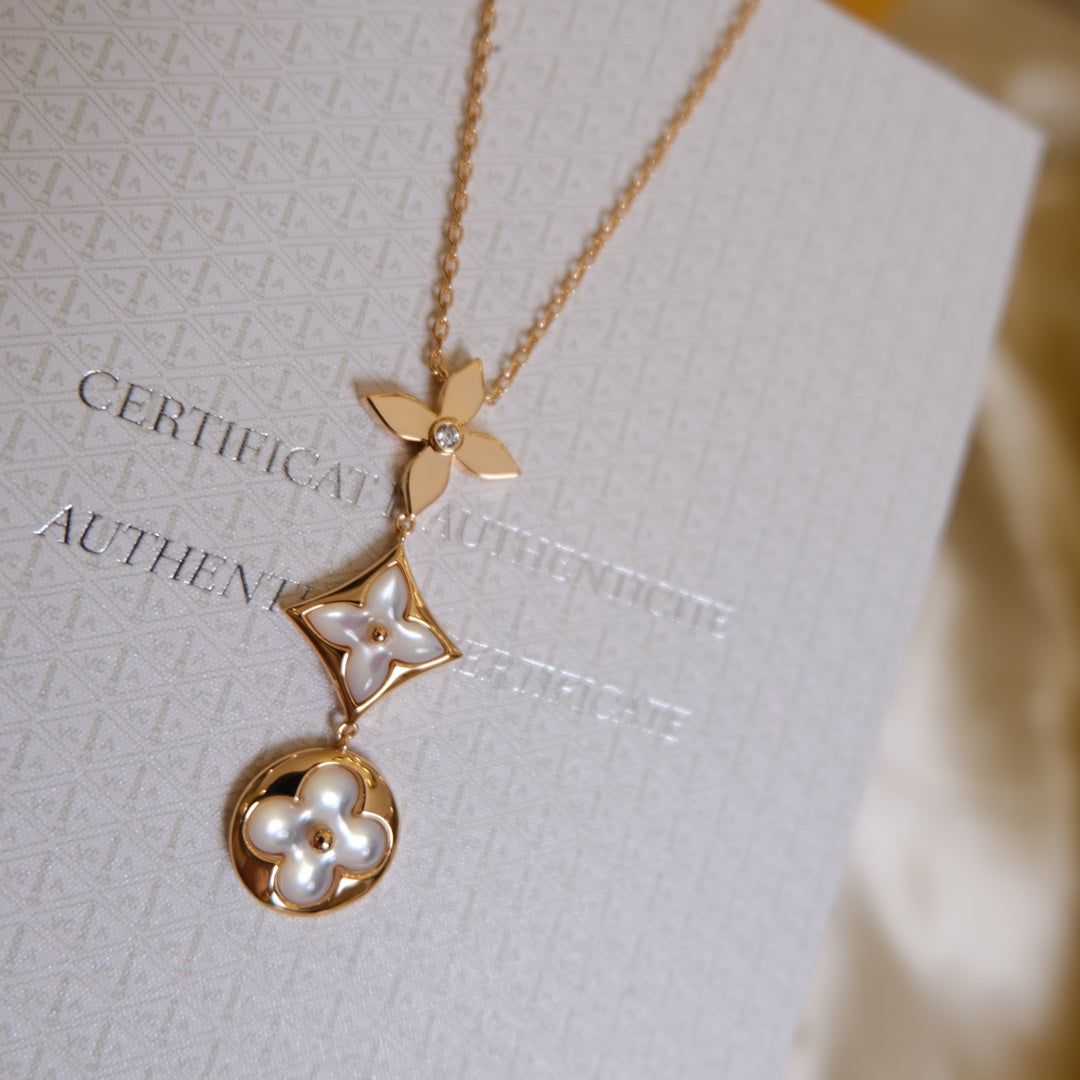LOUIS VUITTON COLOR BLOSSOM LARIAT NECKLACE PINK GOLD WHITE MOTHER PEARL AND DIAMOND