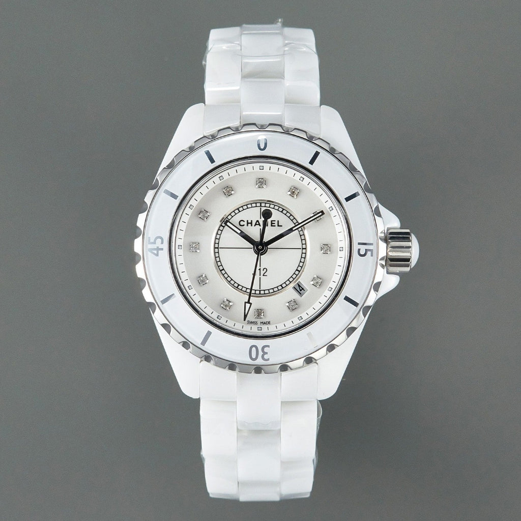 CHANEL J12 Date Quartz White Ceramic Diamond Numerals White Dial