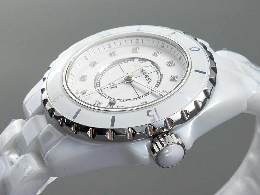 CHANEL J12 Date Quartz White Ceramic Diamond Numerals White Dial