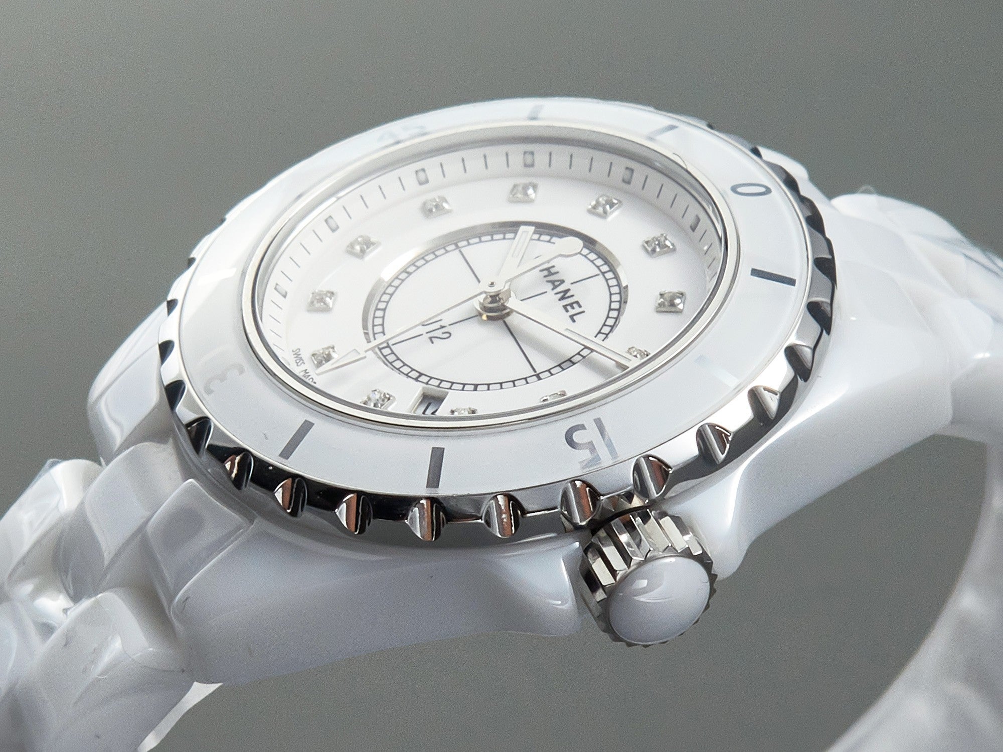 CHANEL J12 Date Quartz White Ceramic Diamond Numerals White Dial