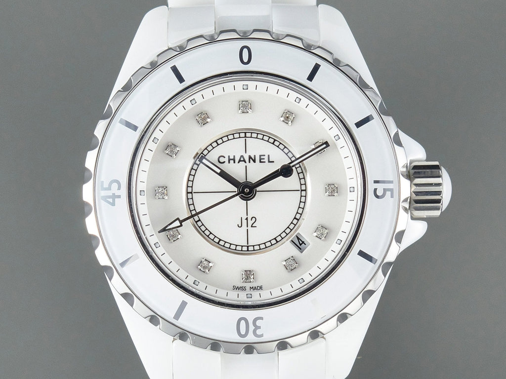 CHANEL J12 Date Quartz White Ceramic Diamond Numerals White Dial