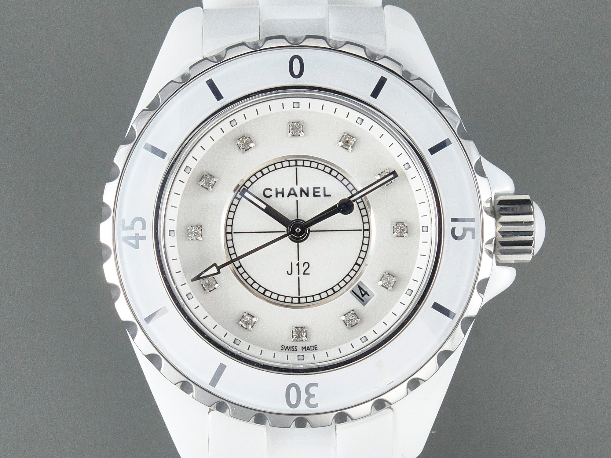 CHANEL J12 Date Quartz White Ceramic Diamond Numerals White Dial