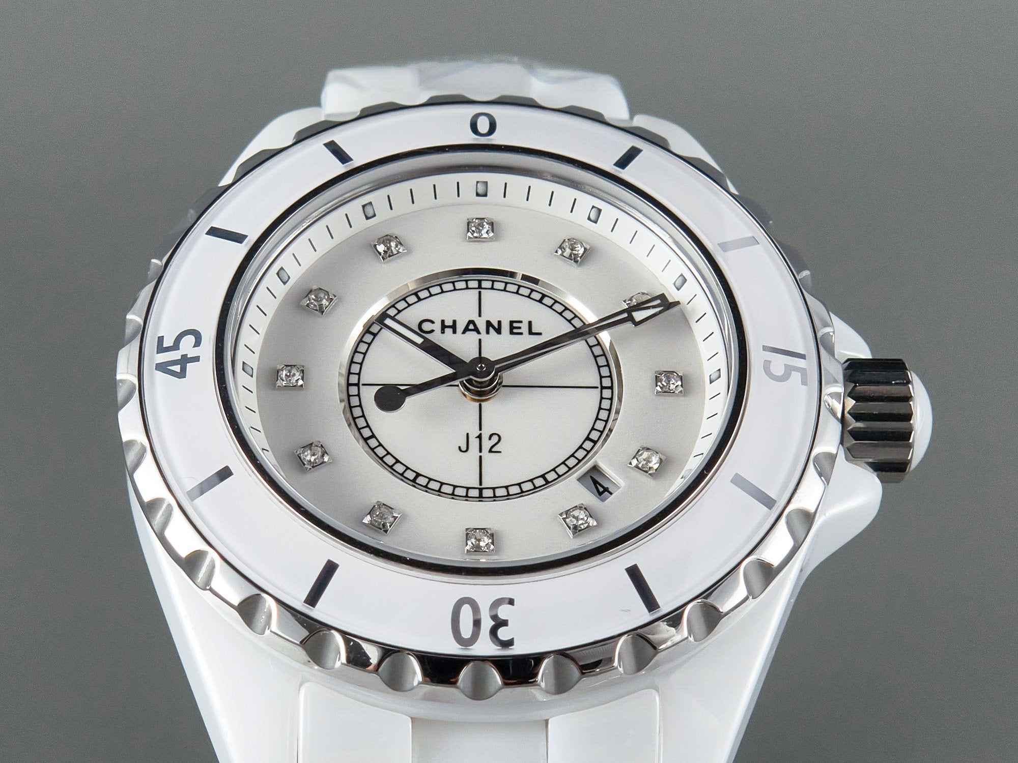 CHANEL J12 Date Quartz White Ceramic Diamond Numerals White Dial