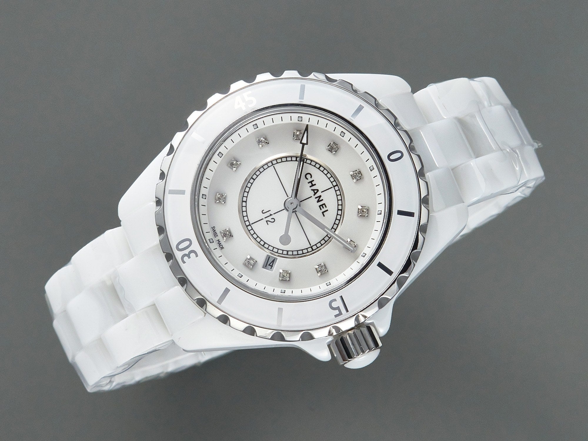 CHANEL J12 Date Quartz White Ceramic Diamond Numerals White Dial