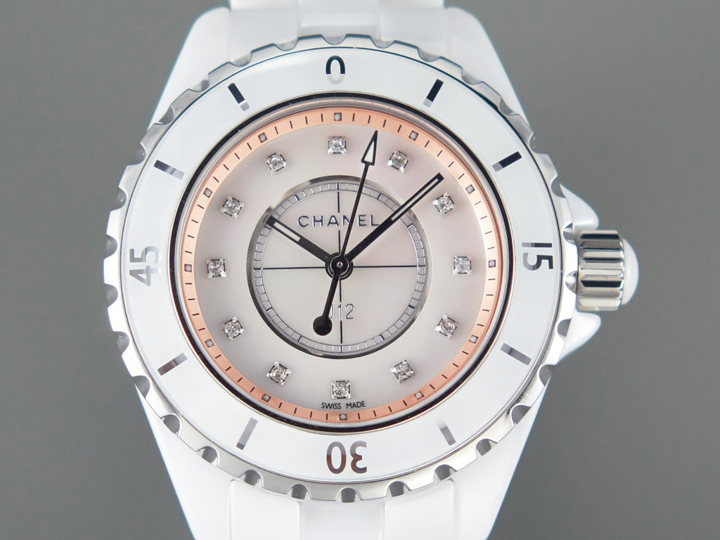CHANEL J12 33mm Quartz White Ceramic Diamond Numerals Pink Mop Dial