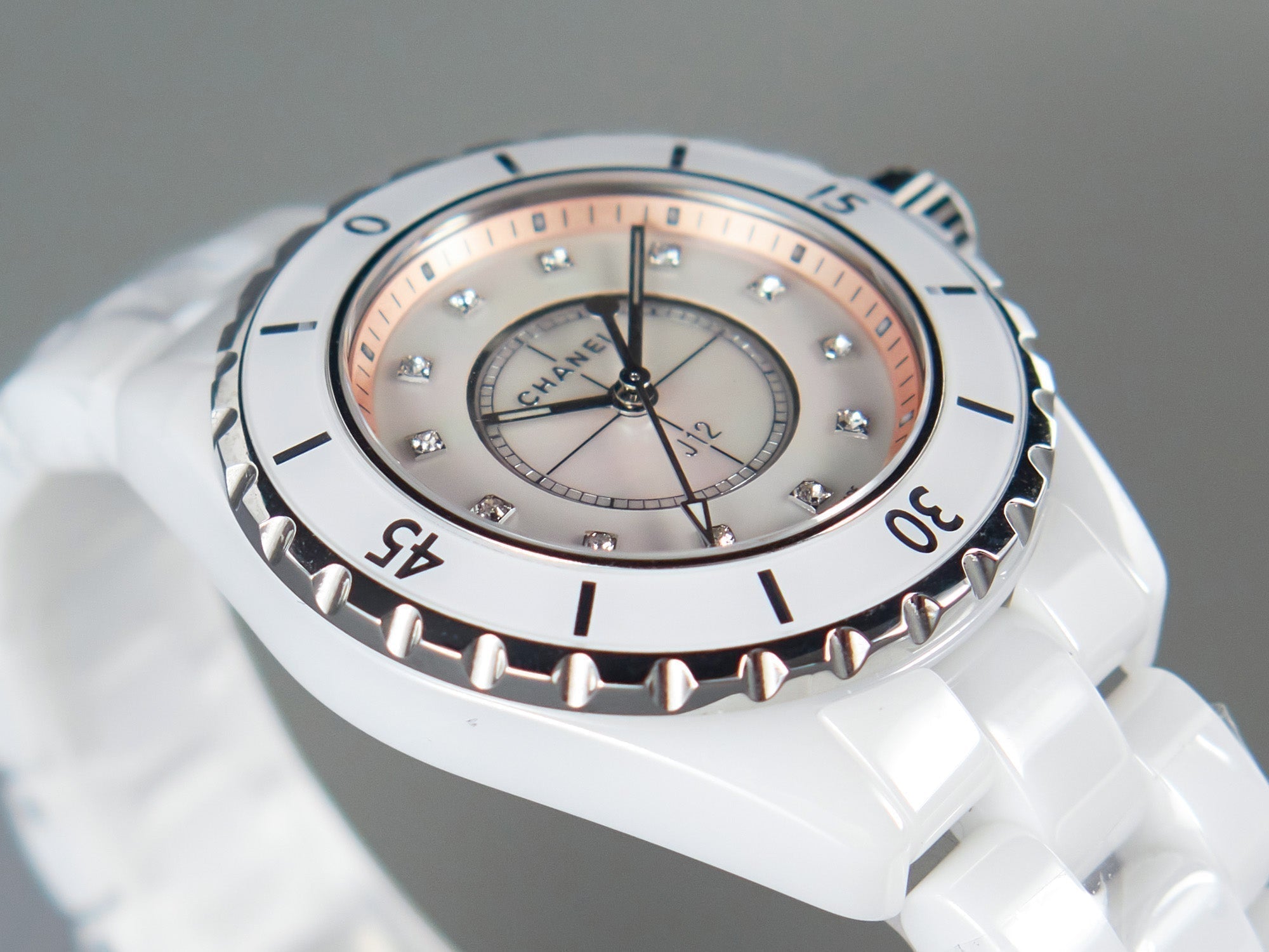 CHANEL J12 33mm Quartz White Ceramic Diamond Numerals Pink Mop Dial
