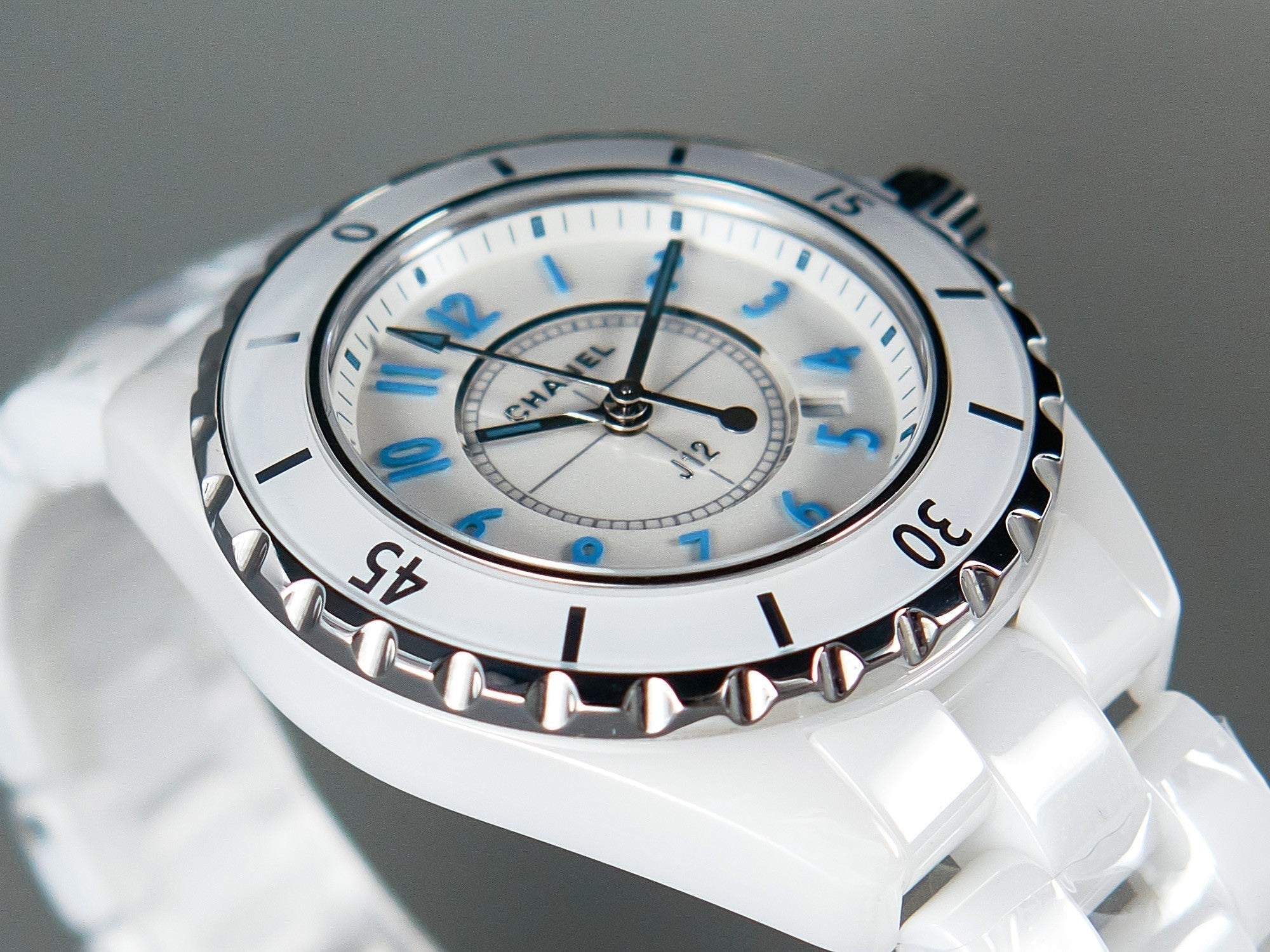 CHANEL J12 Date Quartz White Ceramic Blue Numerals White Dial