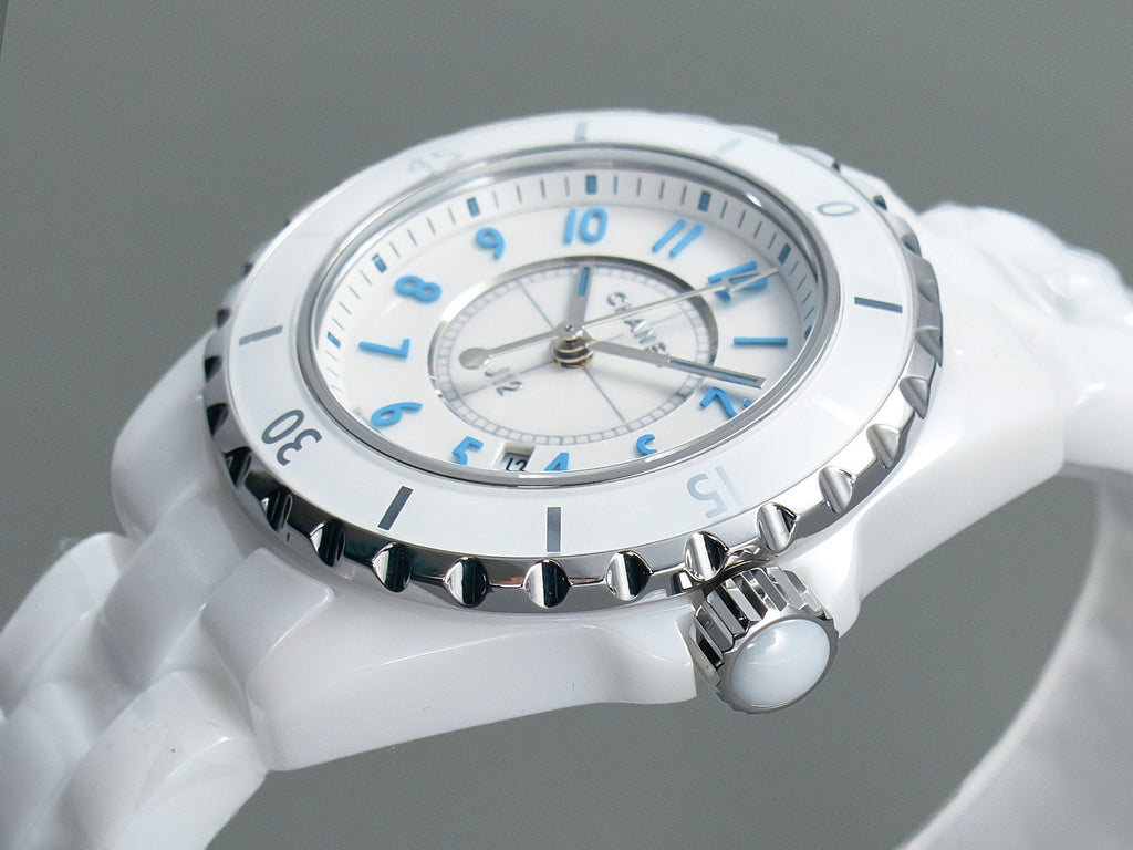 CHANEL J12 Date Quartz White Ceramic Blue Numerals White Dial