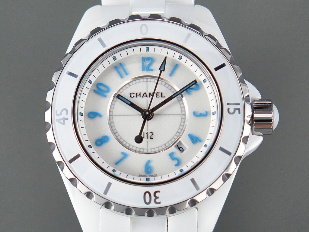 CHANEL J12 Date Quartz White Ceramic Blue Numerals White Dial