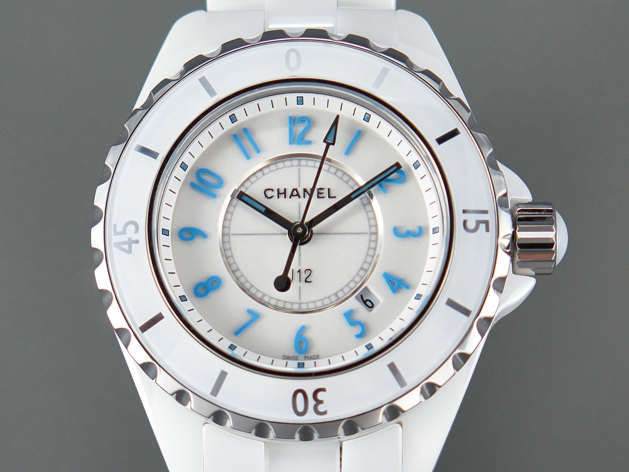 CHANEL J12 Date Quartz White Ceramic Blue Numerals White Dial