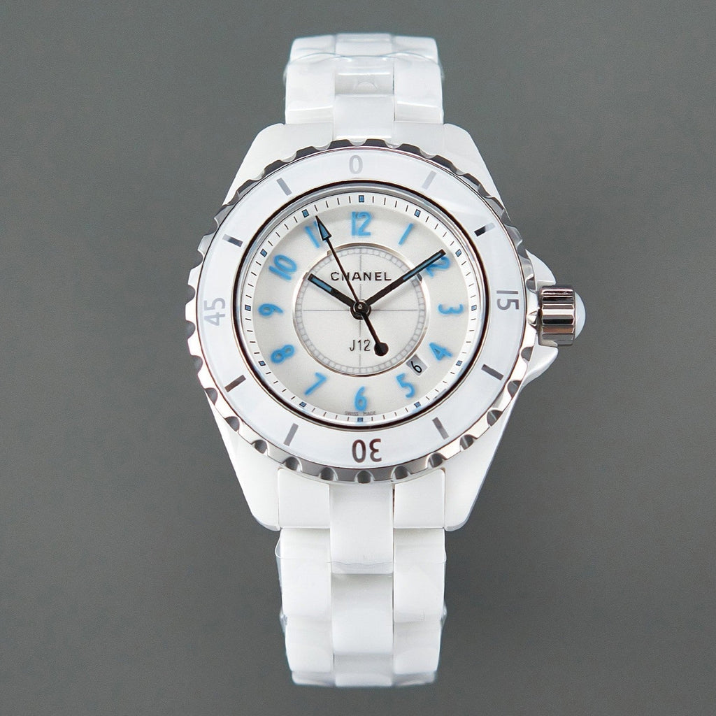 CHANEL J12 Date Quartz White Ceramic Blue Numerals White Dial