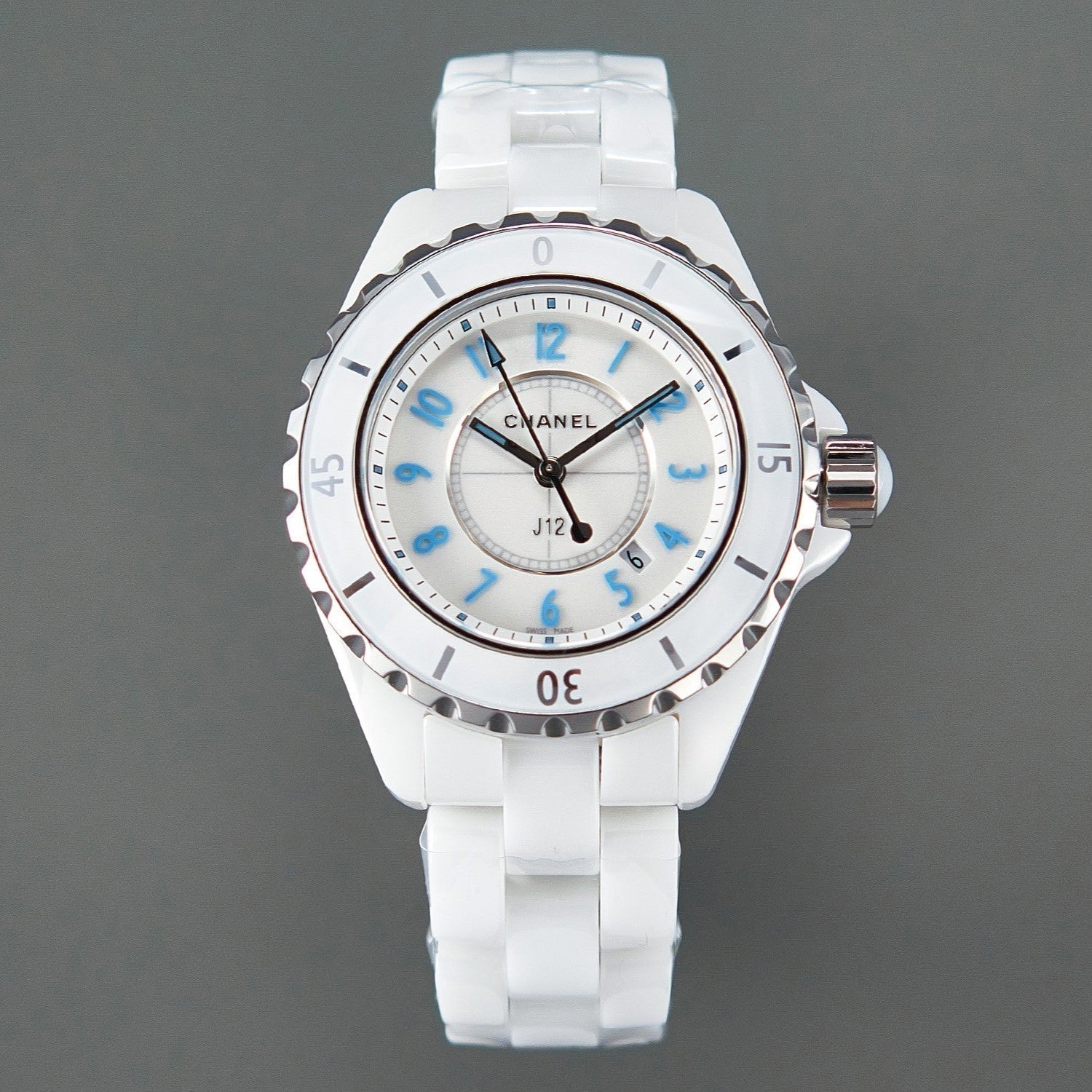 CHANEL J12 Date Quartz White Ceramic Blue Numerals White Dial