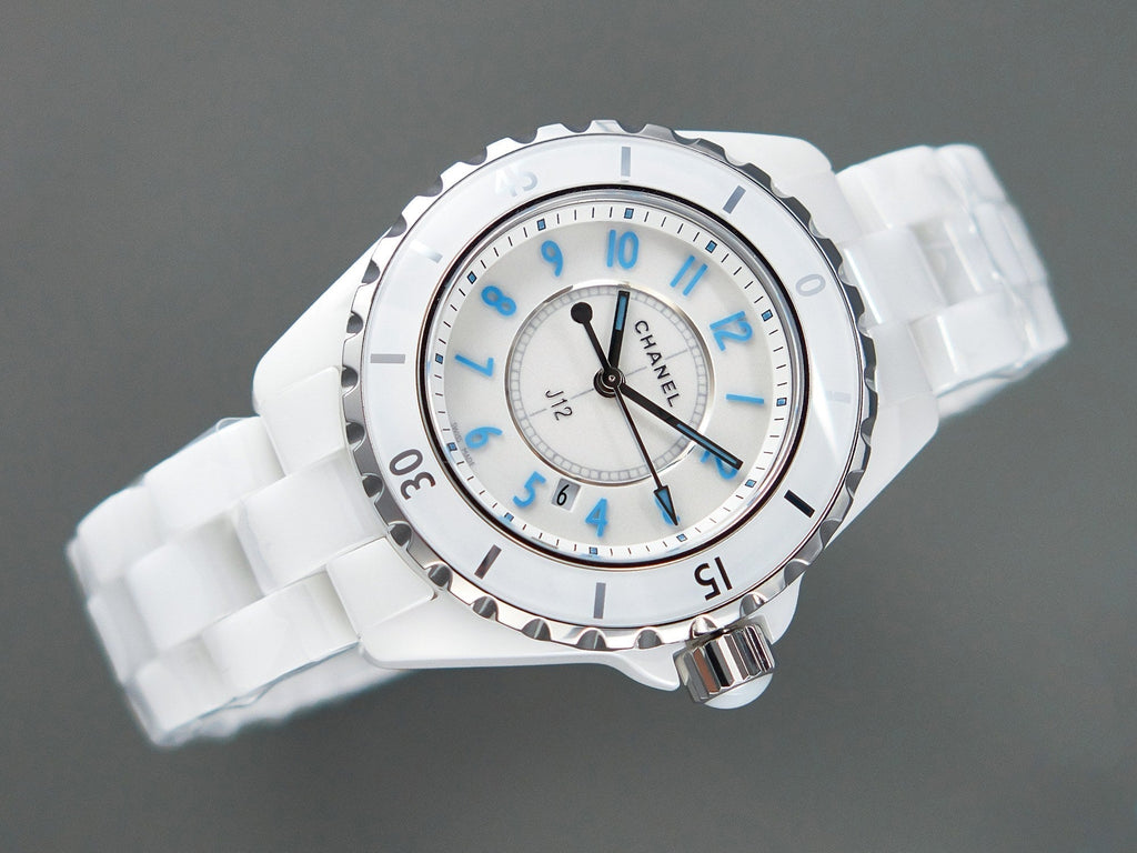 CHANEL J12 Date Quartz White Ceramic Blue Numerals White Dial