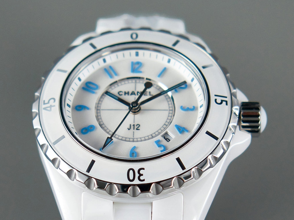 CHANEL J12 Date Quartz White Ceramic Blue Numerals White Dial