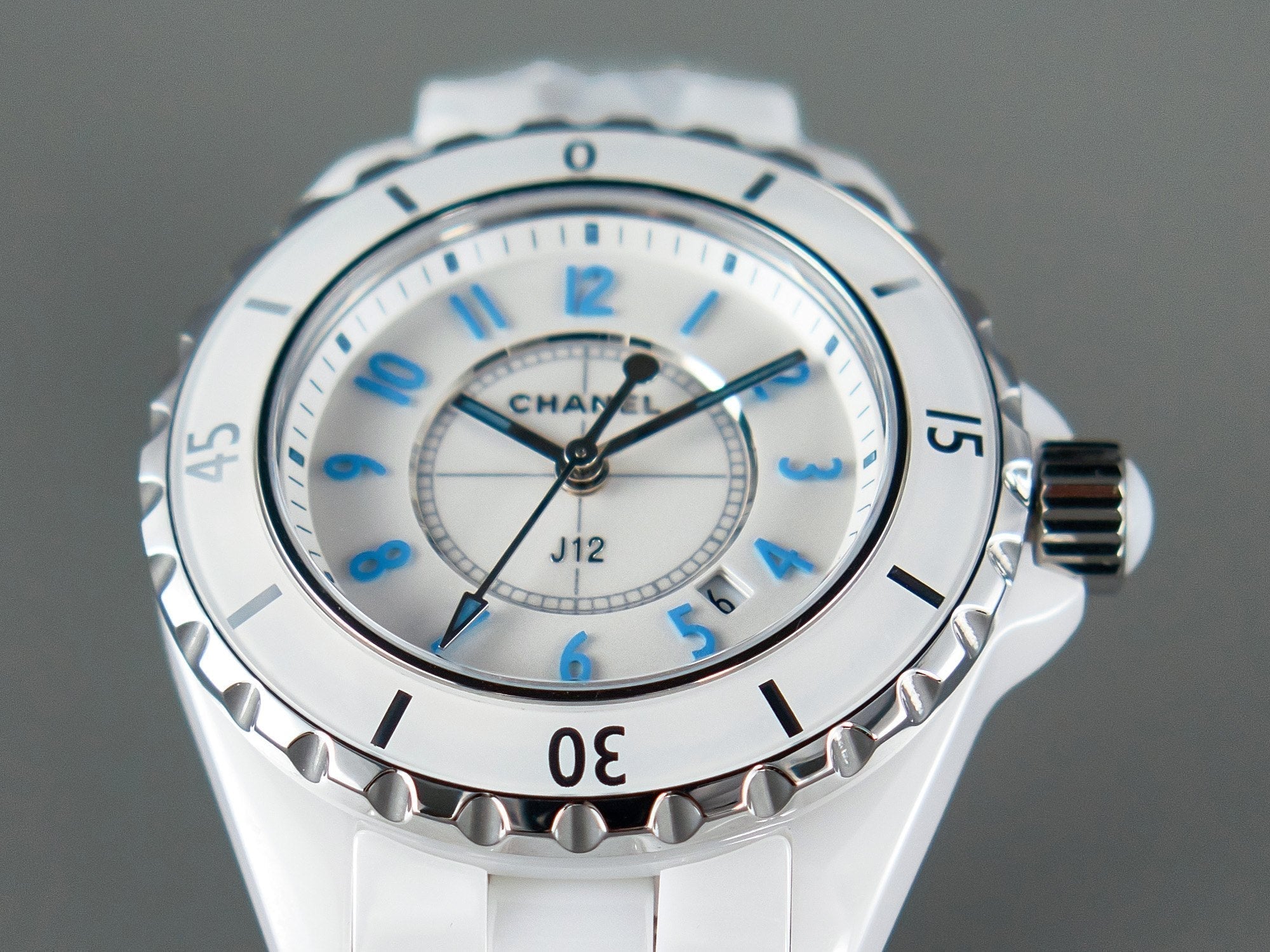 CHANEL J12 Date Quartz White Ceramic Blue Numerals White Dial