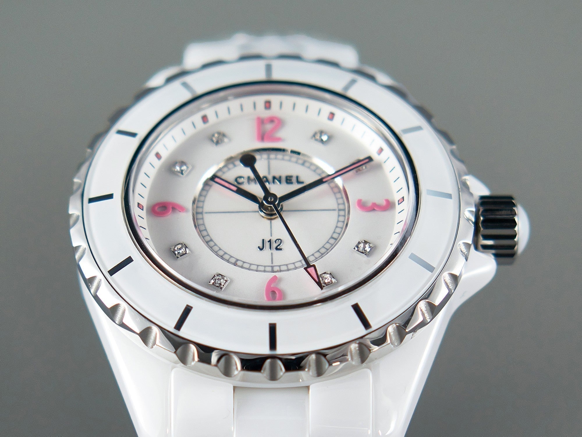 CHANEL J12 Quartz White Ceramic Pink Diamond Numerals White Dial