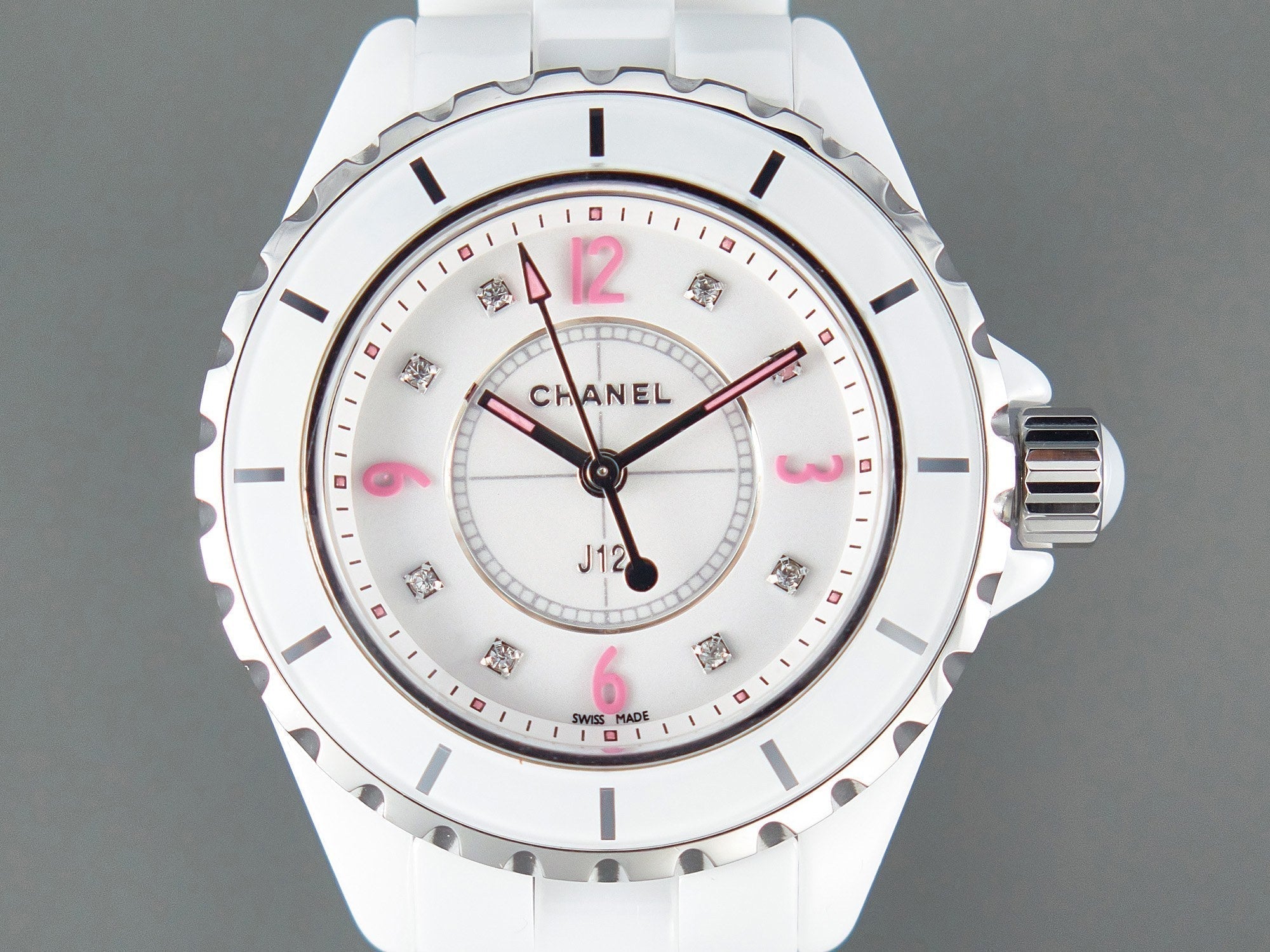 CHANEL J12 Quartz White Ceramic Pink Diamond Numerals White Dial