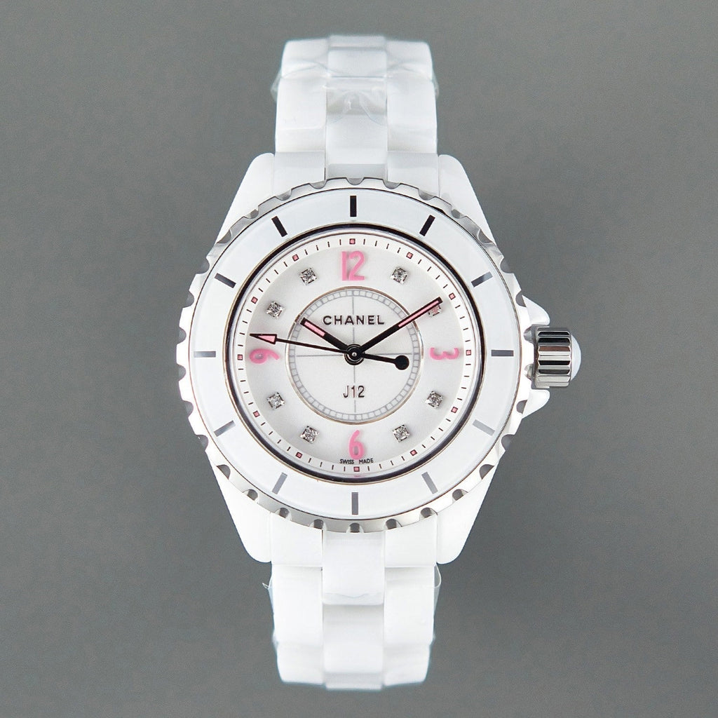 CHANEL J12 Quartz White Ceramic Pink Diamond Numerals White Dial