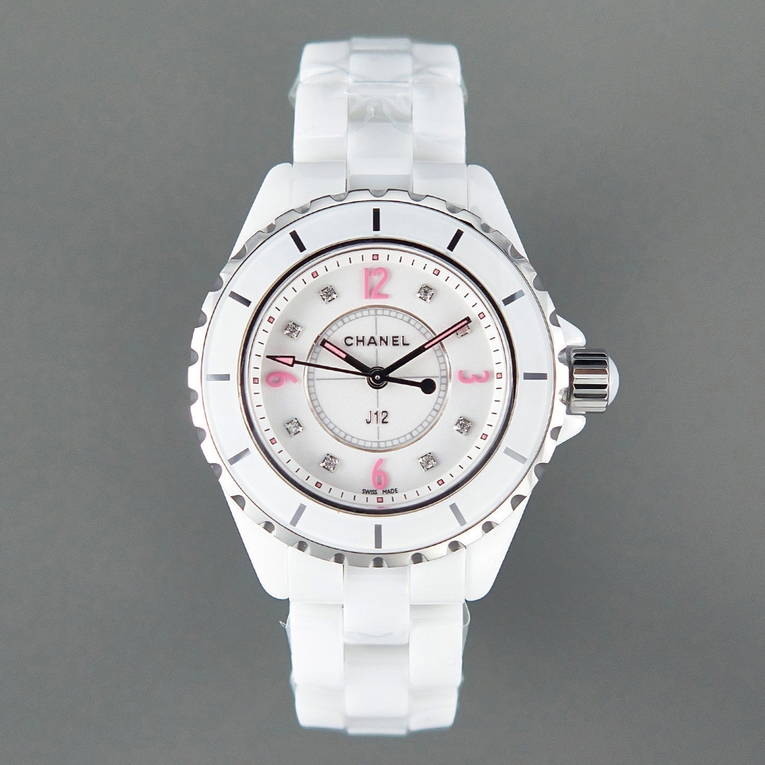 CHANEL J12 Quartz White Ceramic Pink Diamond Numerals White Dial