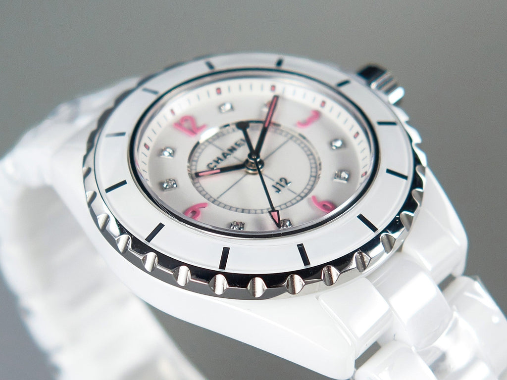 CHANEL J12 Quartz White Ceramic Pink Diamond Numerals White Dial