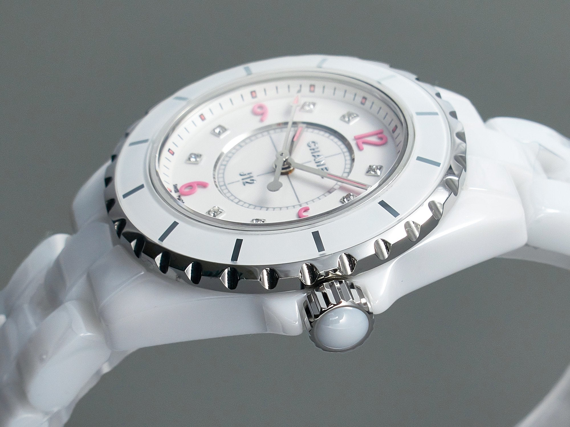 CHANEL J12 Quartz White Ceramic Pink Diamond Numerals White Dial