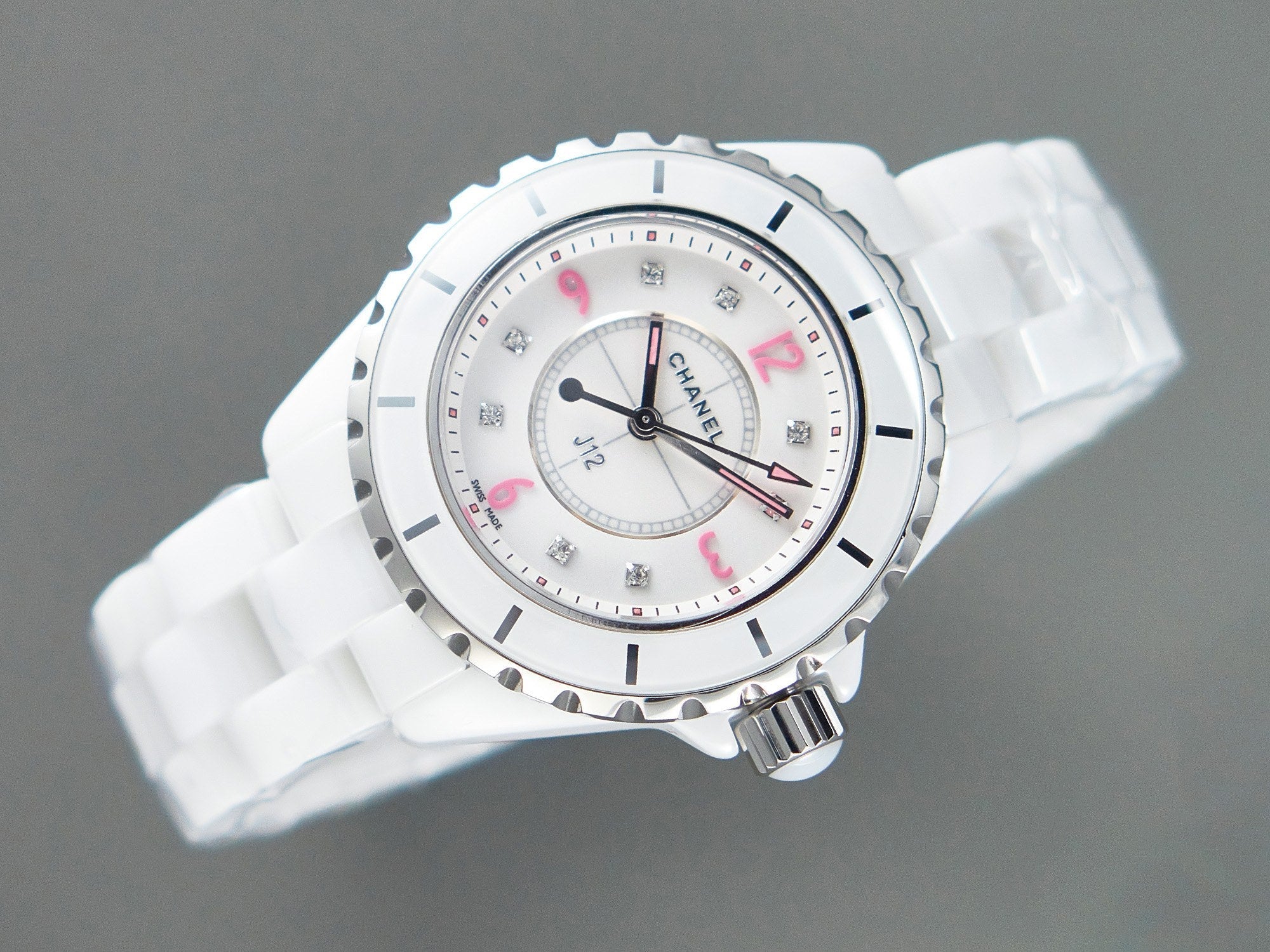 CHANEL J12 Quartz White Ceramic Pink Diamond Numerals White Dial