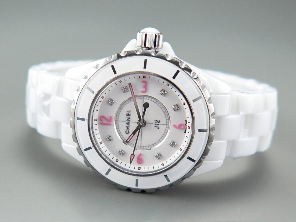 CHANEL J12 Quartz White Ceramic Pink Diamond Numerals White Dial