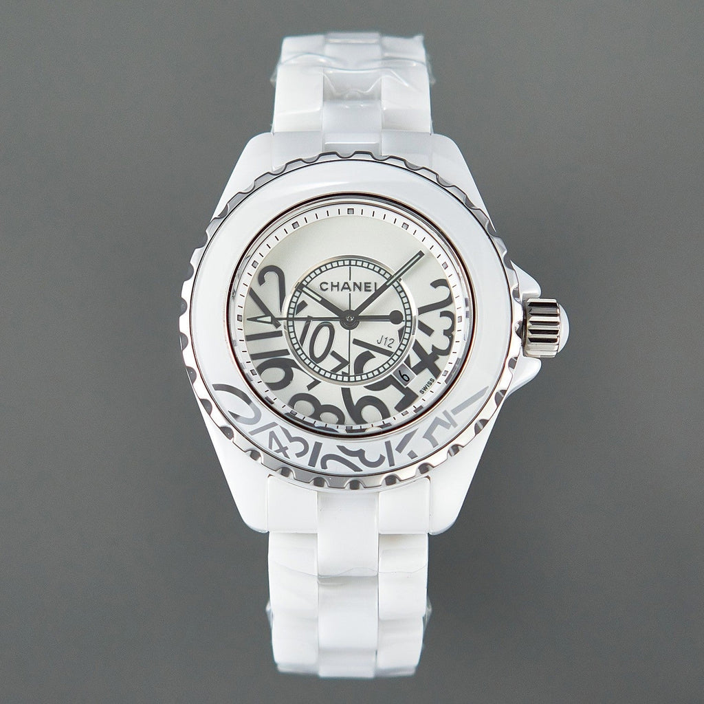 CHANEL J12 Date Quartz White Ceramic Stainless Graffiti Limited