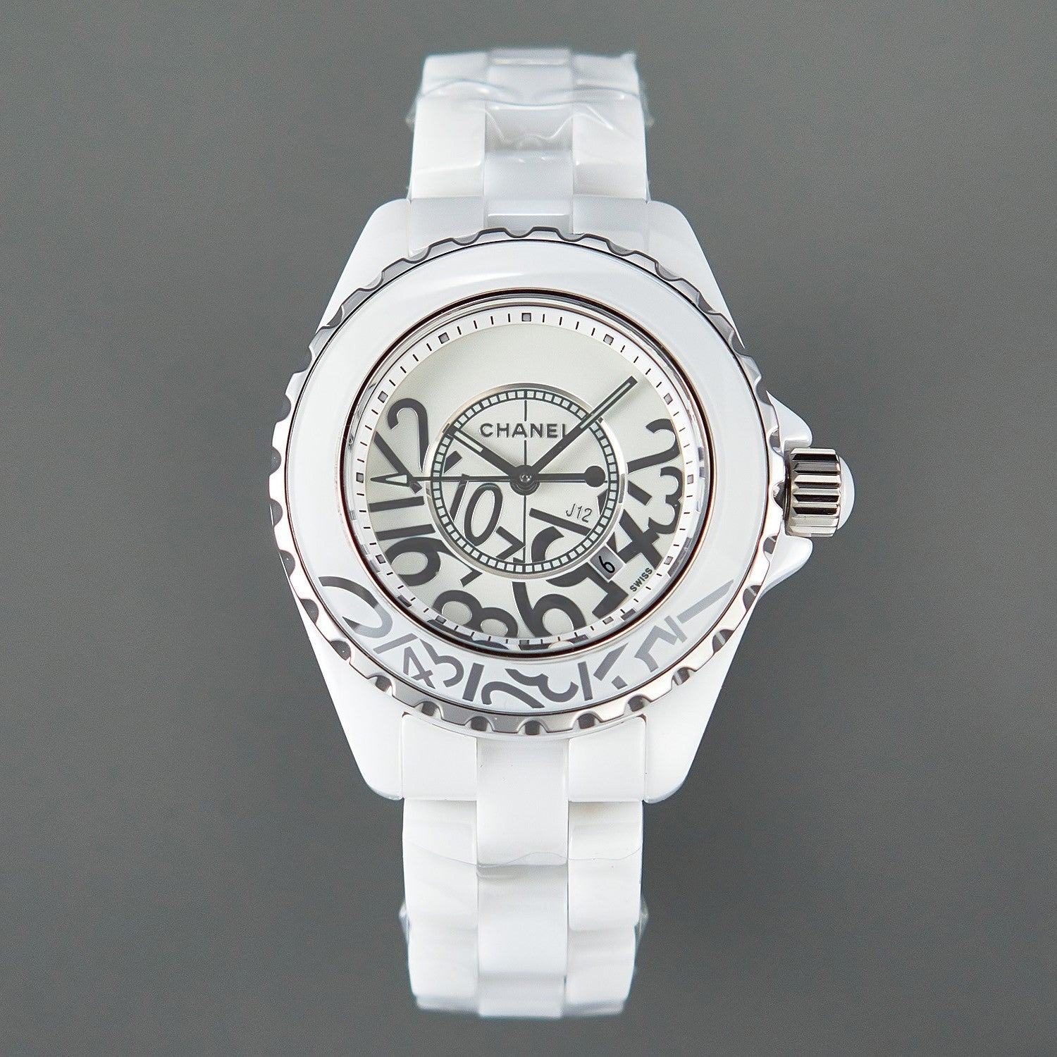 CHANEL J12 Date Quartz White Ceramic Stainless Graffiti Limited