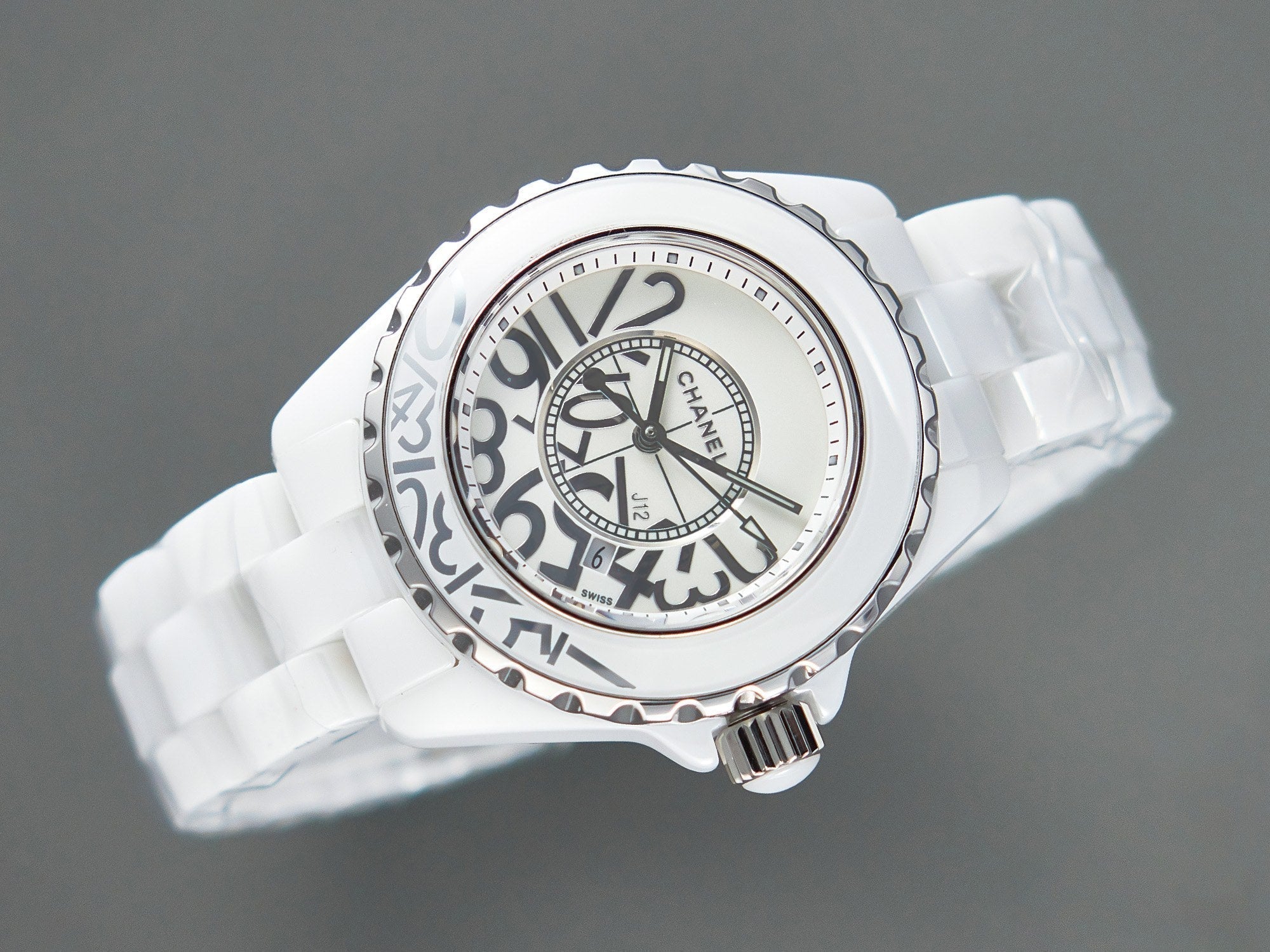 CHANEL J12 Date Quartz White Ceramic Stainless Graffiti Limited