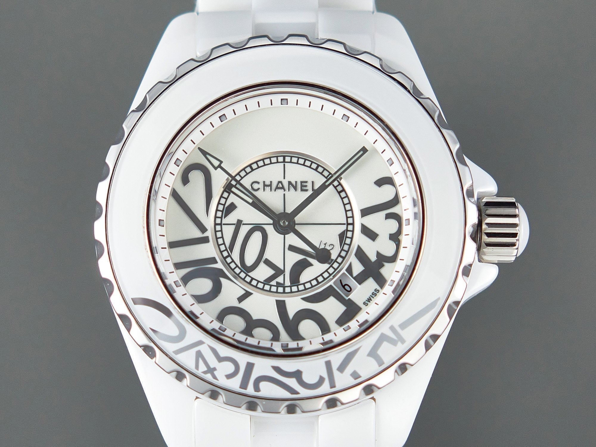 CHANEL J12 Date Quartz White Ceramic Stainless Graffiti Limited
