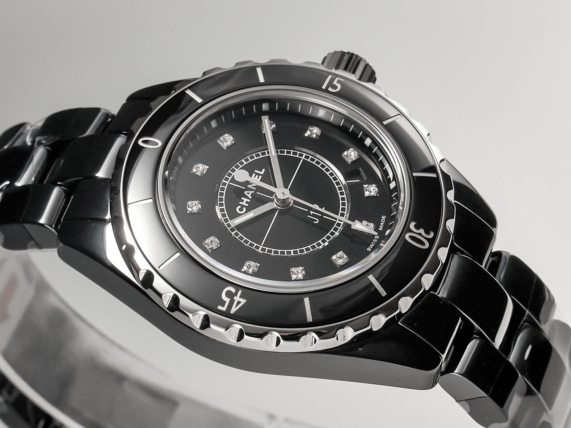CHANEL J12 Date Quartz Black Ceramic Diamond Numerals Black Dial