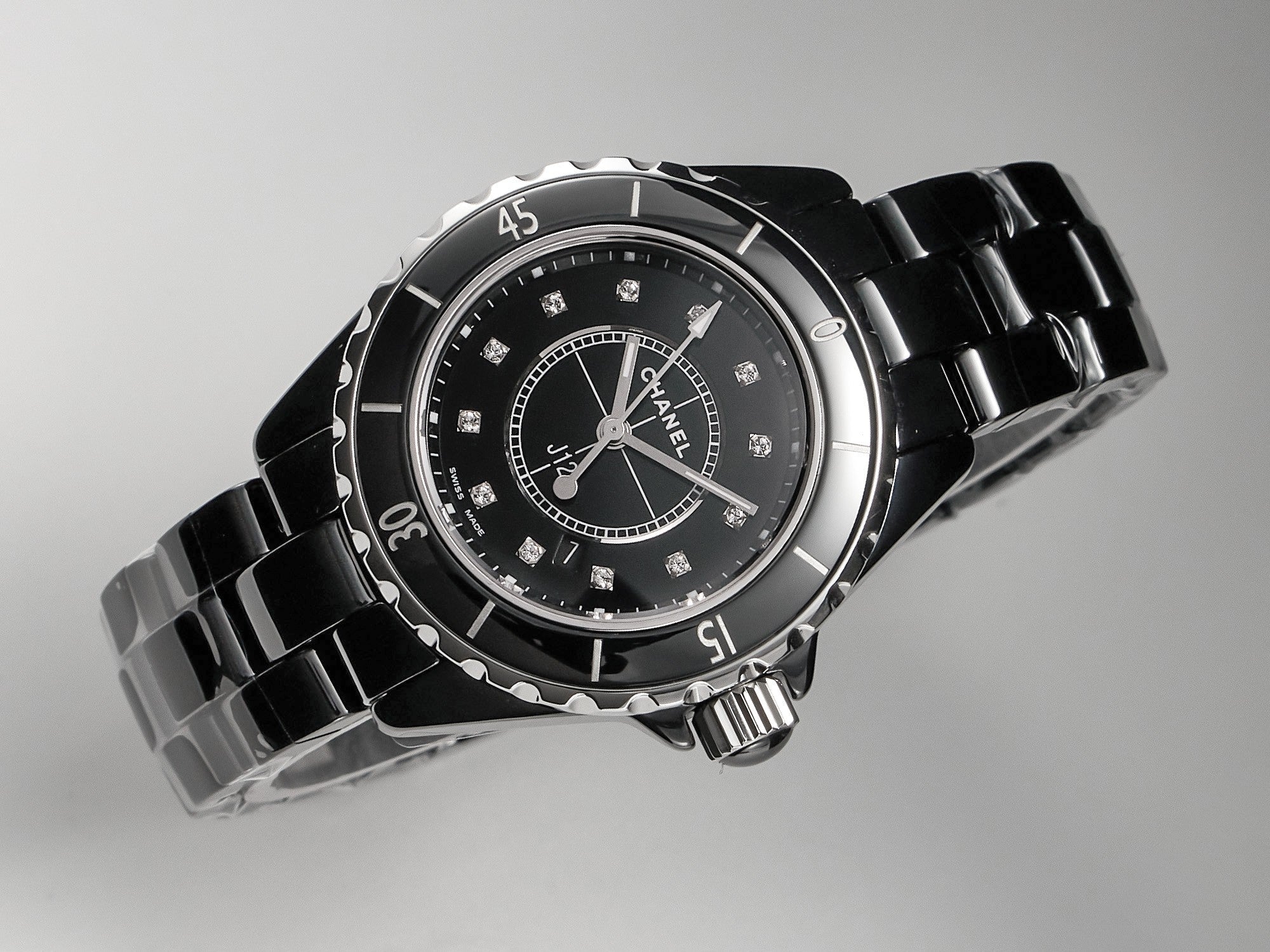 CHANEL J12 Date Quartz Black Ceramic Diamond Numerals Black Dial