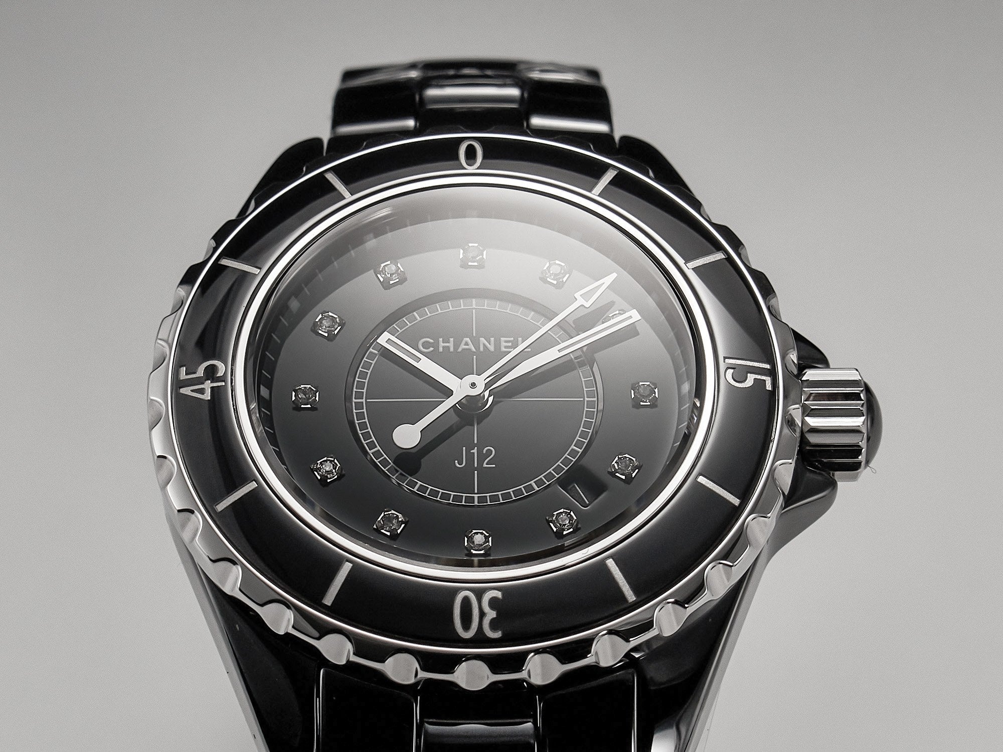 CHANEL J12 Date Quartz Black Ceramic Diamond Numerals Black Dial